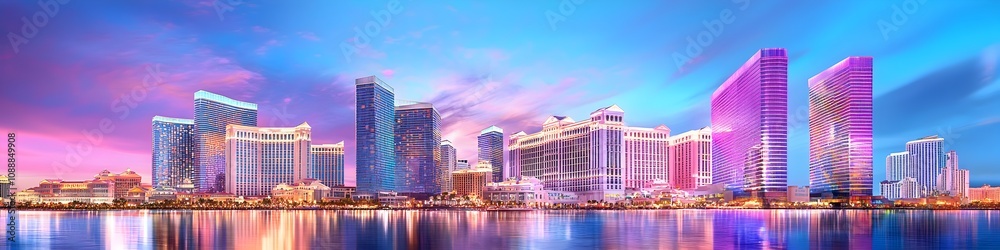 Obraz premium A vibrant cityscape of Massachusetts at dusk, showcasing the iconic landmark with high-rise buildings . The sky is painted with hues of blue and purple as the sun sets behind them