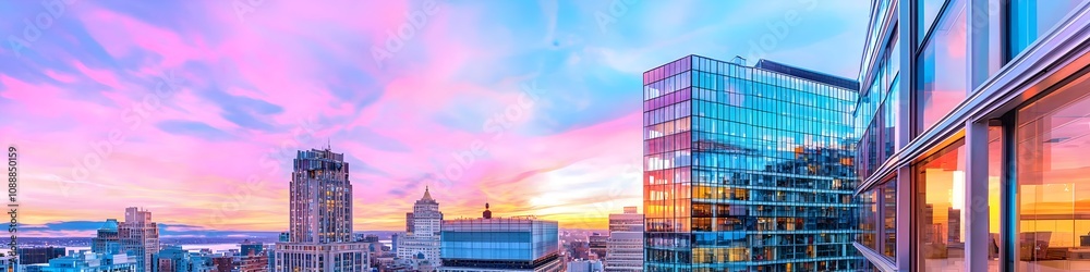 A vibrant cityscape of Massachusetts at dusk, showcasing the iconic landmark with high-rise buildings . The sky is painted with hues of blue and purple as the sun sets behind them A vibrant cityscape of Massachusetts at dusk, showcasing the iconic landmark with high-rise buildings . The sky is painted with hues of blue and purple as the sun sets behind them