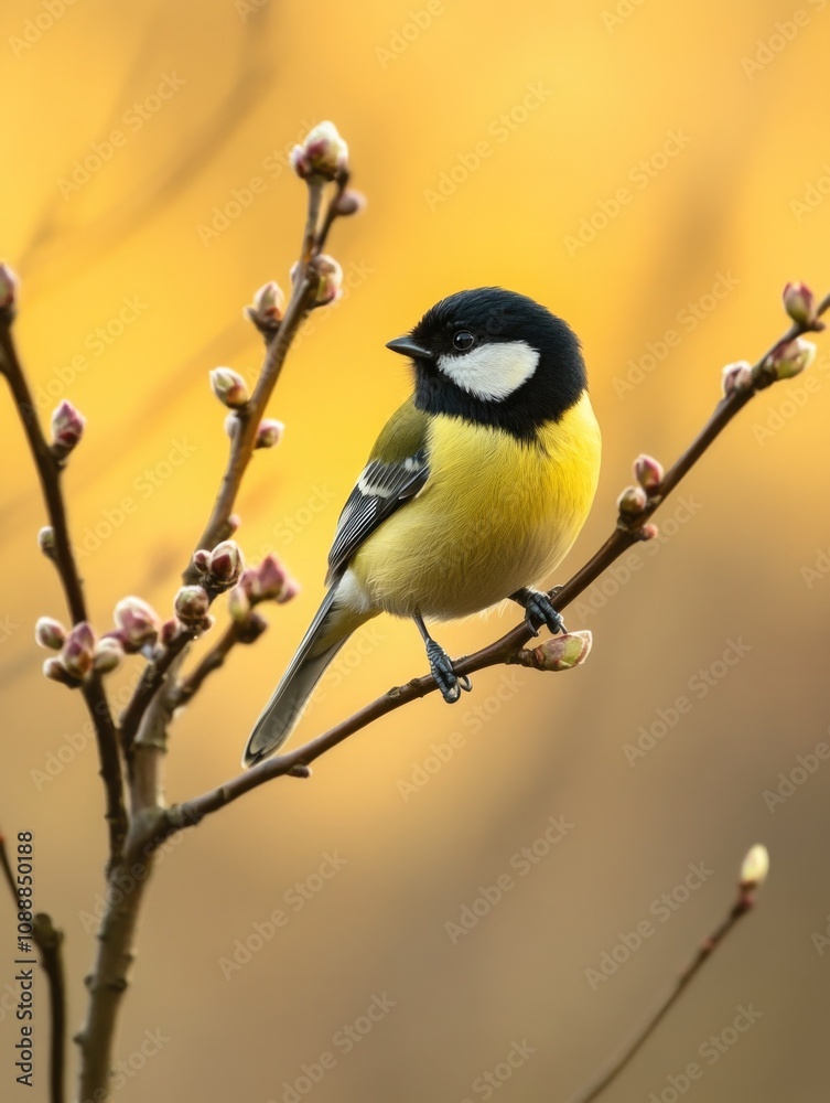 Obraz premium A chickadee, a small, yellow and black bird, is perched on a tree branch with flowers blooming in the background. The scene captures the essence of springtime.