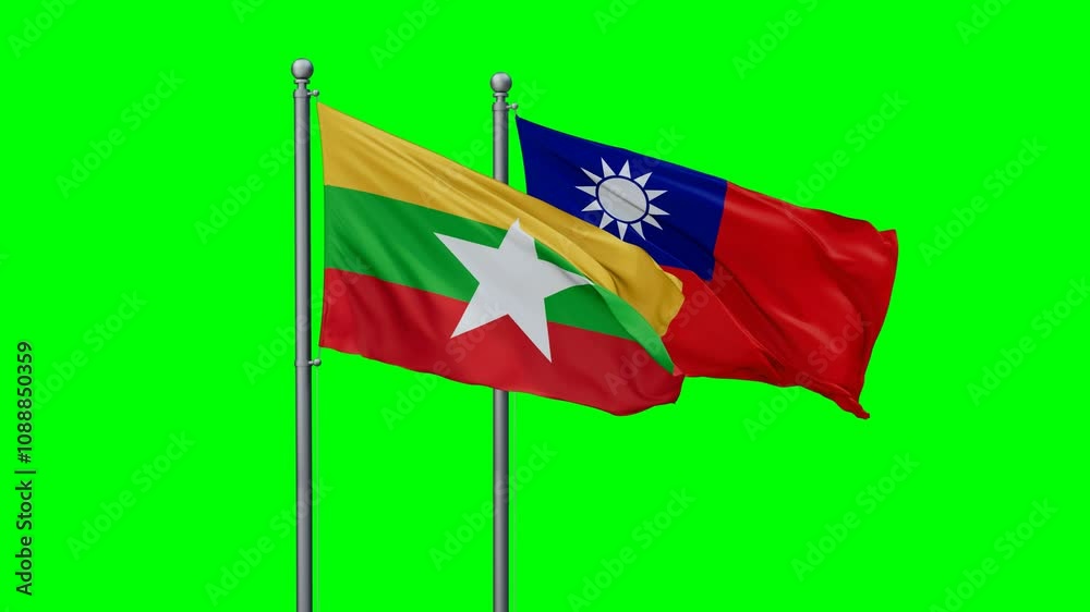 Taiwan and Myanmar flags flying together, video concept of the relationship with colored chroma key for easy background remove, two country cooperation concept Taiwan and Myanmar flags flying together, video concept of the relationship with colored chroma key for easy background remove, two country cooperation concept