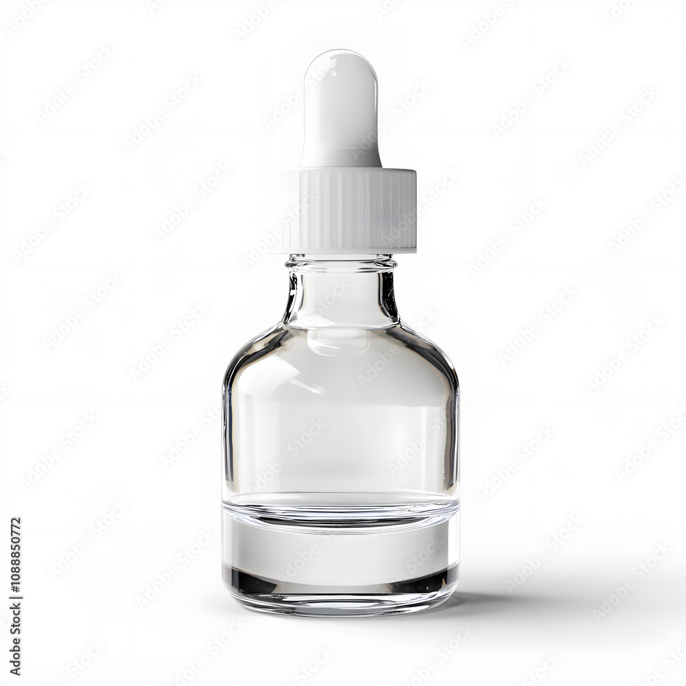 little glass dropper, mockup, clear water inside, glass, white background, front view, plastic cap, glass dropper little glass dropper, mockup, clear water inside, glass, white background, front view, plastic cap, glass dropper