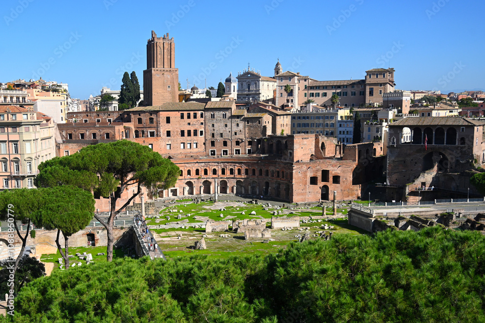 Fototapeta premium The Trajan's Markets Fora and Foro Traiano in Rome, Italy. Rome cityscape.