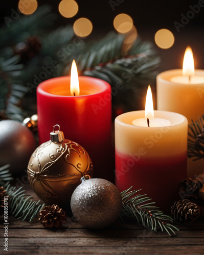 Christmas candles and lights decor. post card and collage template.celebration background.copy space