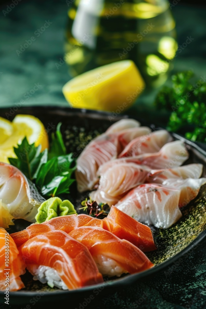 A delicious serving of sushi with raw fish on a dark green surface, accompanied by lemon wedges and sprigs for garnish. A delicious serving of sushi with raw fish on a dark green surface, accompanied by lemon wedges and sprigs for garnish.