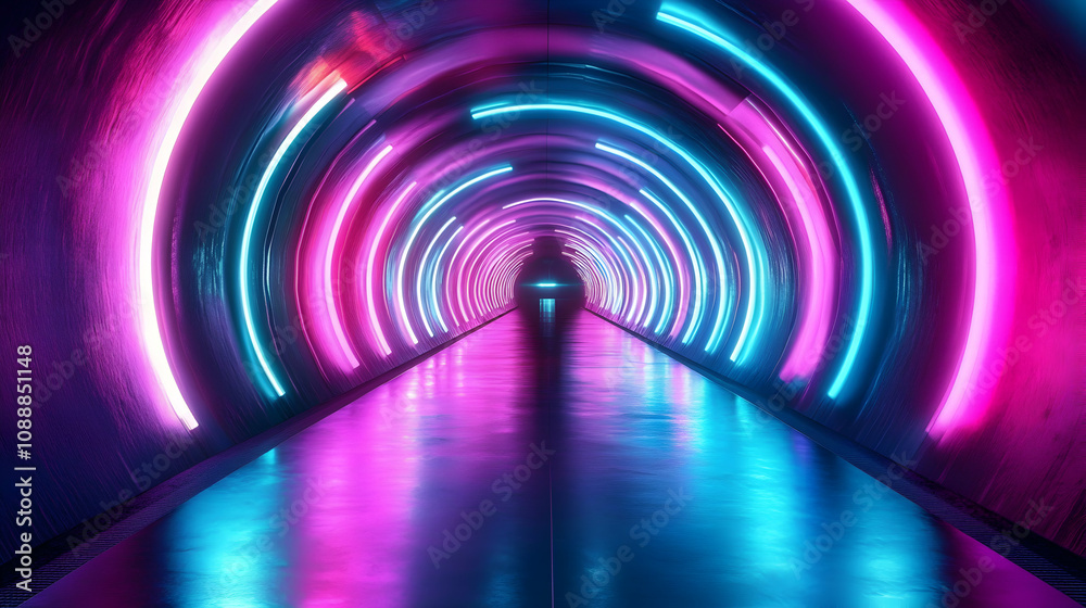Abstract 3D Neon Tunnel Background with Pink and Blue Glowing Circular Lights Reflecting on Wet Floor, Futuristic Vibe. Abstract 3D Neon Tunnel Background with Pink and Blue Glowing Circular Lights Reflecting on Wet Floor, Futuristic Vibe.