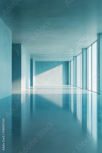 Modern architecture hallway with blue flooring and walls, large windows, and geometric shapes on the floor.