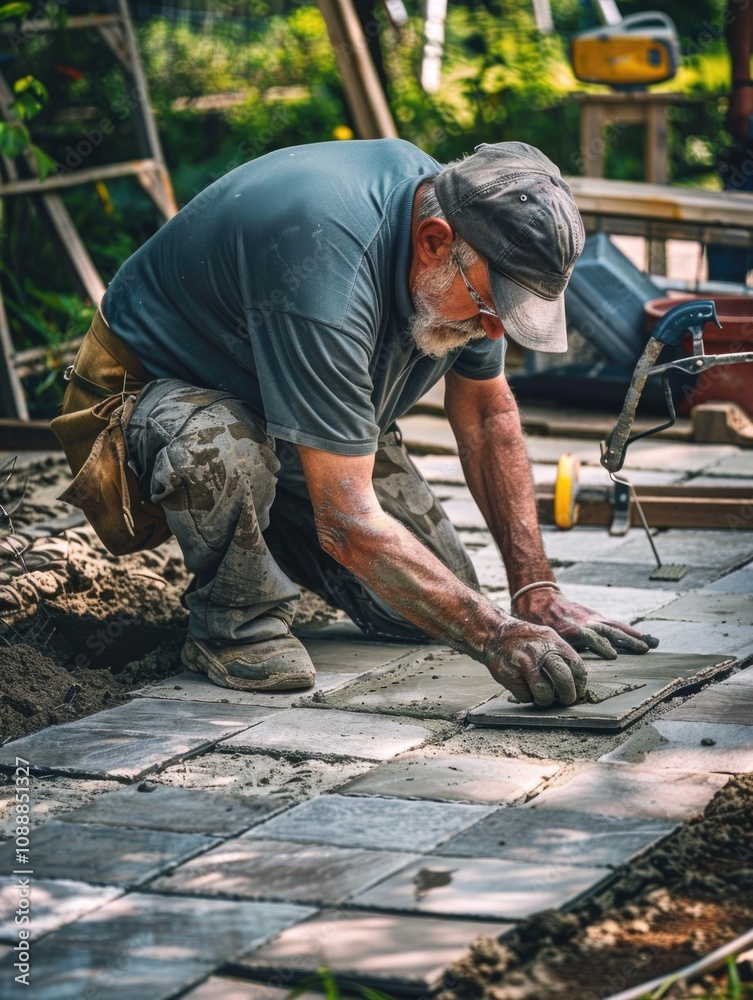 Man in protective gear and tools, kneeling to fit paving stones into a sidewalk or patio. Man in protective gear and tools, kneeling to fit paving stones into a sidewalk or patio.