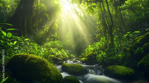 Sunbeams illuminate lush rainforest stream.