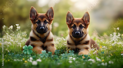 Adorable German Shepherd Puppies Resting in a Meadow of Clover and Wildflowers