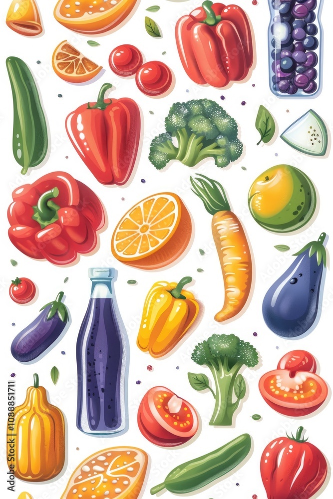 Colorful fruits and vegetables with soda bottle, on white background. Colorful fruits and vegetables with soda bottle, on white background.