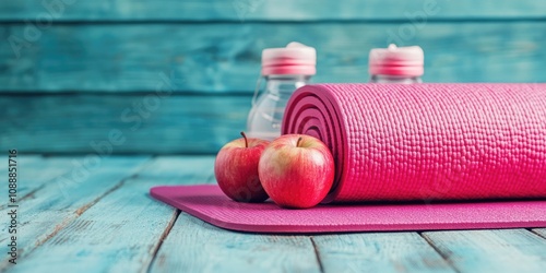 Yoga mat with water bottles and apples, emphasizing health and wellness practices.