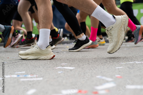 Closeup long exposure many persons and legs running marathon race stock photo with space for text non recognizable people on it photo