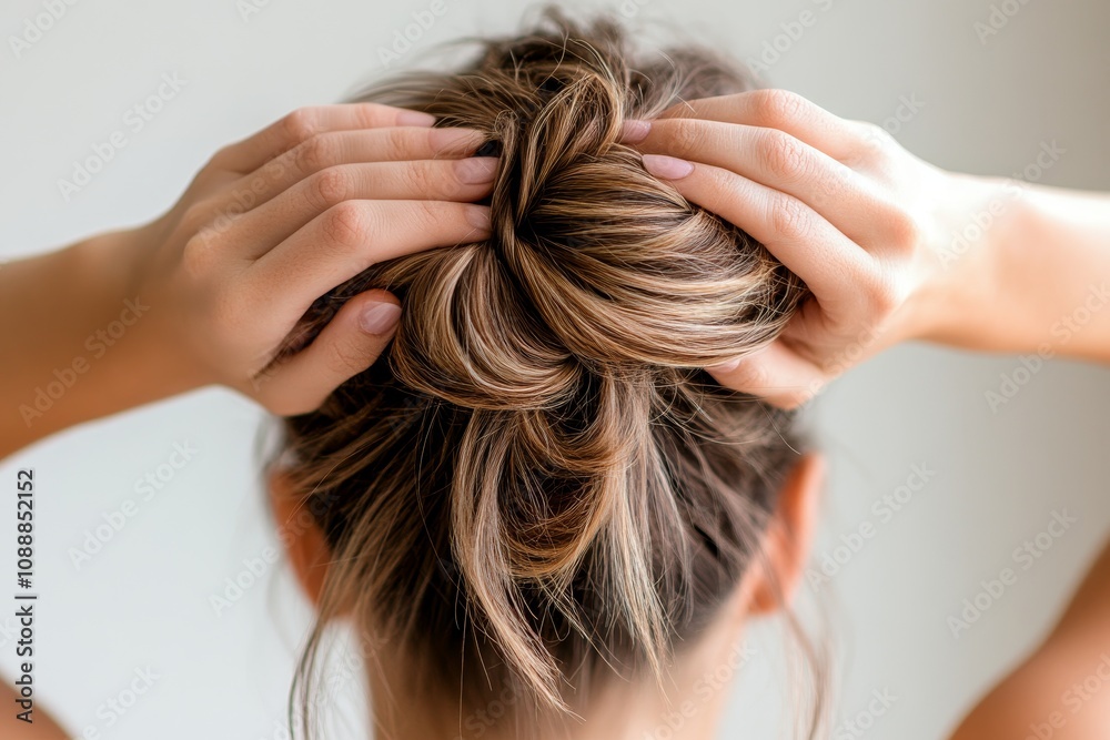 Obraz premium Woman styling her hair into a bun showing a fresh and natural hairstyle in a bright indoor setting