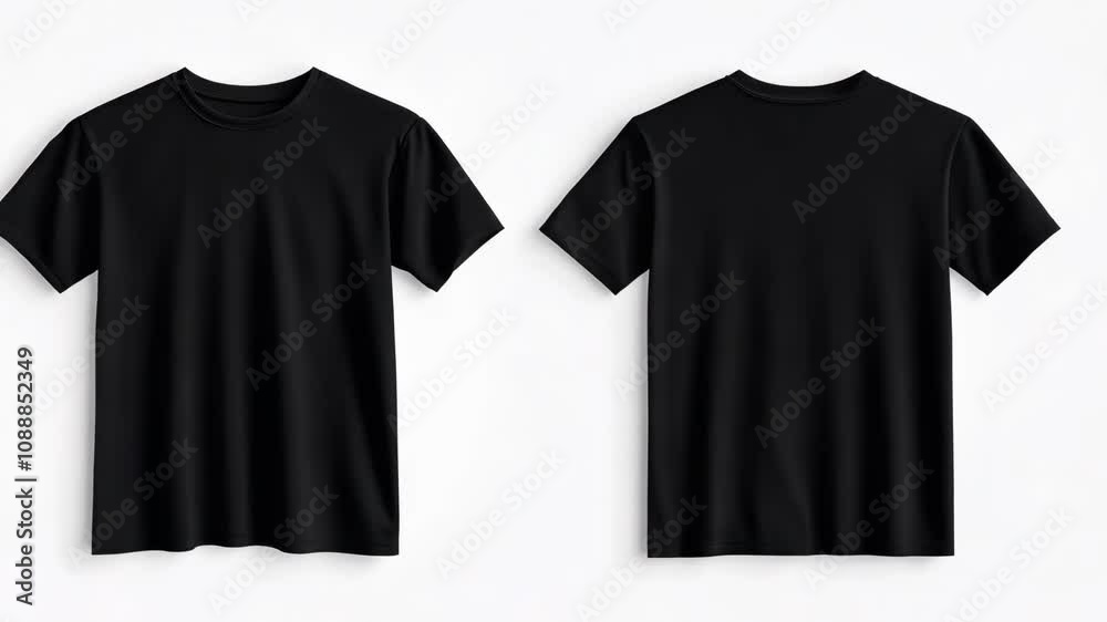 A pair of simple, black, short-sleeved t-shirts are displayed against a white background