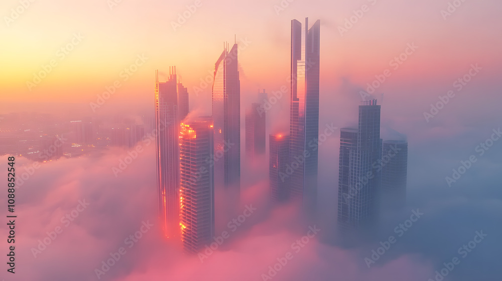 Fototapeta premium Downtown Dubai with skyscrapers submerged in think fog. Picture taken from unique view. Tall buildings. Early morning glow
