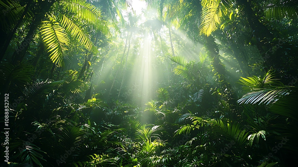 Sunlight Beams Illuminate Lush Tropical Jungle Canopy, Verdant Foliage and Palm Trees create a Mystical Atmosphere. Explore Nature's Beauty Sunlight Beams Illuminate Lush Tropical Jungle Canopy, Verdant Foliage and Palm Trees create a Mystical Atmosphere. Explore Nature's Beauty