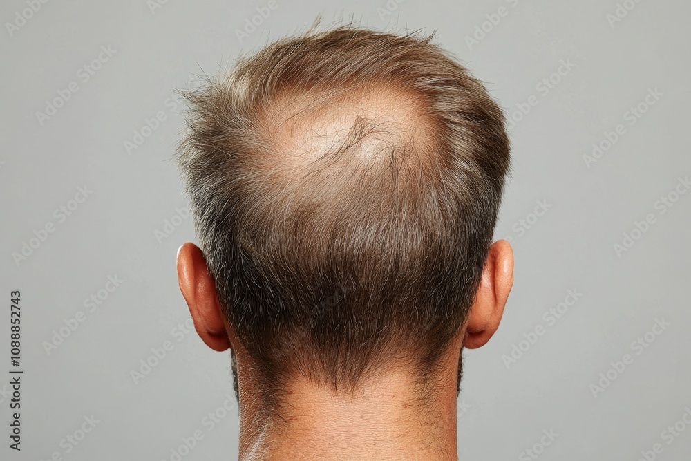 Man with thinning hair seen from the back against a plain background in a neutral expression Man with thinning hair seen from the back against a plain background in a neutral expression