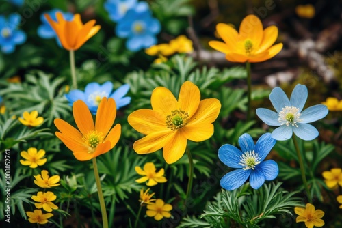 Vibrant wildflowers in a field, showcasing blue and yellow blossoms. The colors are vivid and the setting appears to be in a natural environment.