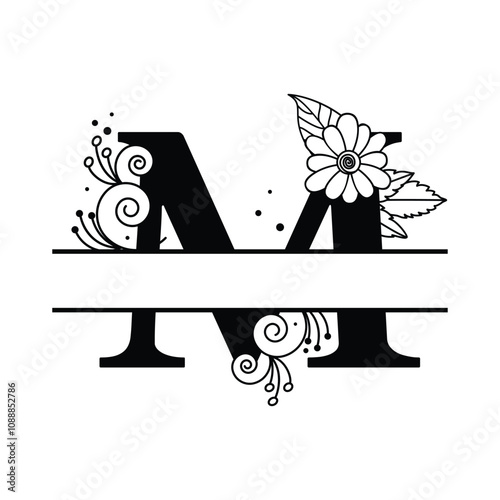 Custom Letter Monogram M Design with Floral Elements, Black and White Alphabet Logo Illustration