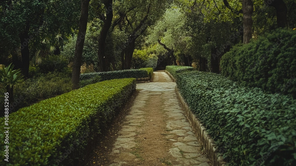 Obraz premium Serene Winding Path Through Lush Green Garden