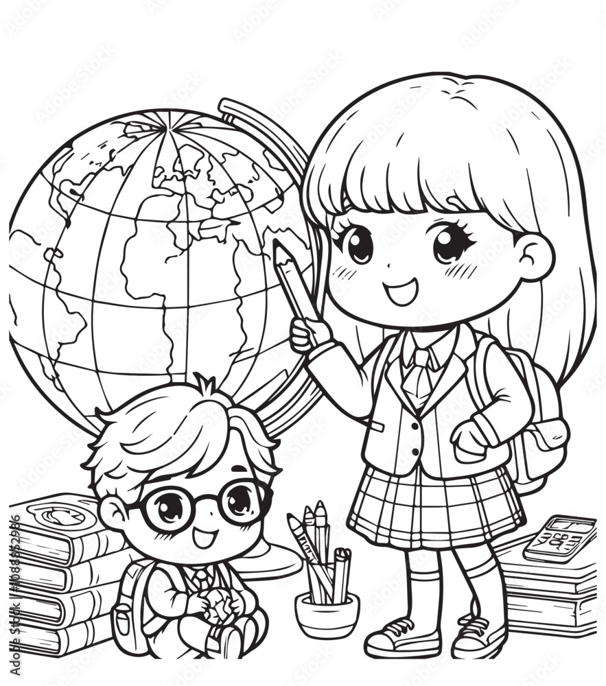 Coloring page teacher and student with globe Coloring page teacher and student with globe
