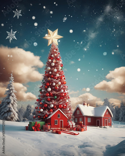 Christmas card design. New year festive mock up with lights and decor. Christmas tree and snow