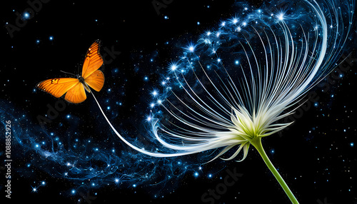 Abstraktes Bild von einem Schmetterling wo aus einer Blume entspringt und in den Sternenhimmel fliegt, Surreales Kunstbild photo