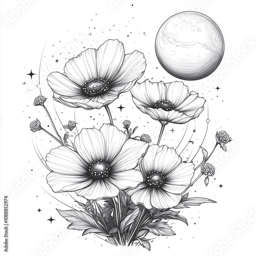 Delicate flowers and celestial moon in monochrome line art on white background.  photo