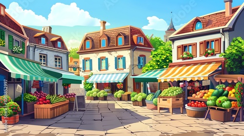 A cartoon illustration of a charming town square with colorful buildings, shops selling fresh produce, and a sunny blue sky.