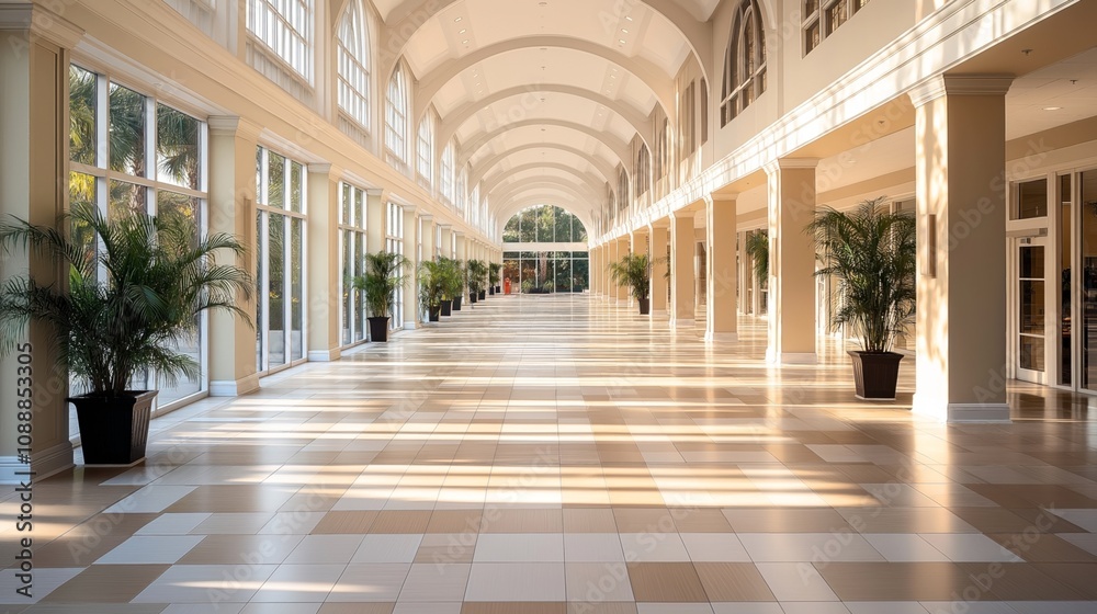Obraz premium Spacious, sunlit corridor with high arched ceilings, large windows, and potted plants lining the tiled floor, creating a bright and open architectural space.