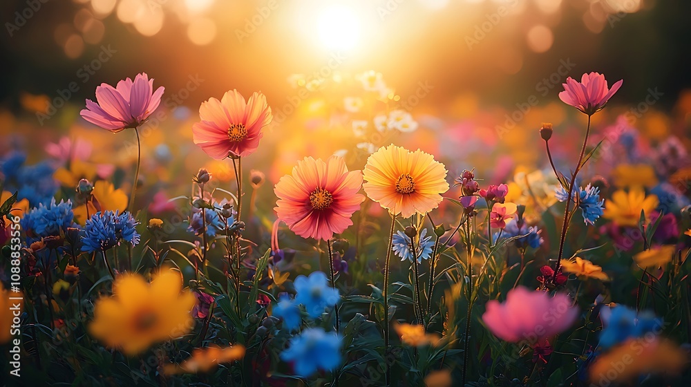 Vibrant Wildflowers Bloom in Sunset's Golden Light, Nature's Beauty, Colorful Cosmos Dance Joyfully Vibrant Wildflowers Bloom in Sunset's Golden Light, Nature's Beauty, Colorful Cosmos Dance Joyfully