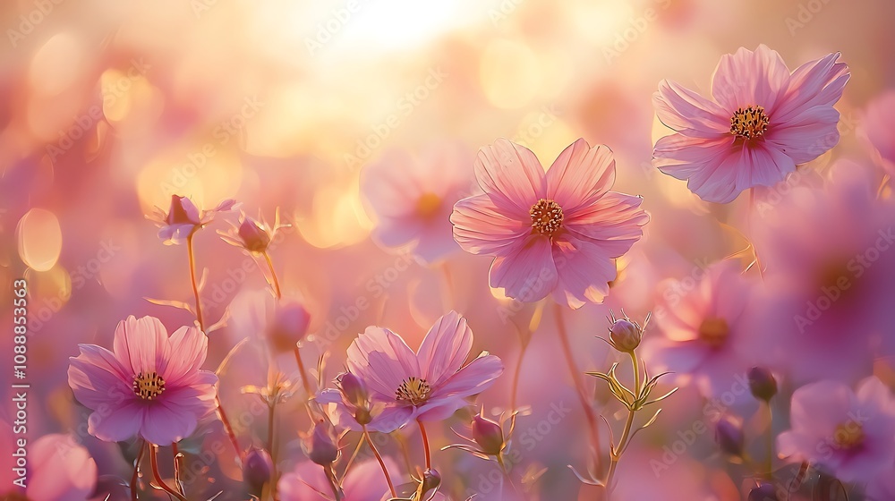 Pink Cosmos Flowers Bloom Beautifully at Sunset, Golden Hour Light Bathes Delicate Petals, Nature's Serenity, Exquisite Floral Display