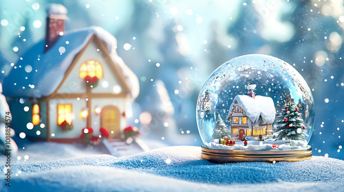 charming snow globe featuring cozy house and Christmas tree, surrounded by falling snowflakes, evokes warm holiday spirit