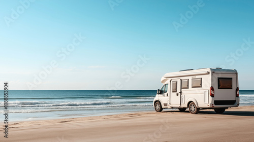 A white camper van parked on a sandy beach with the ocean waves in the background under a clear blue sky, representing outdoor travel and adventure.