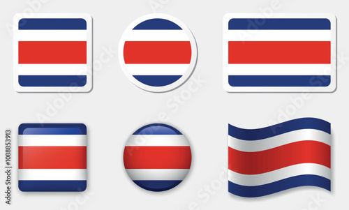 Flag of Costa Rica icons collection. Flat stickers and 3d realistic glass vector elements on white background with shadow. Free Download Flag of Costa Rica icons collection. Flat stickers and 3d realistic glass vector elements on white background with shadow. - GFXLoad