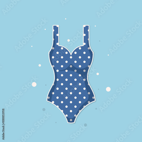 Blue women polka dot swimsuit Vector flat illustration with white outline Retro summer element