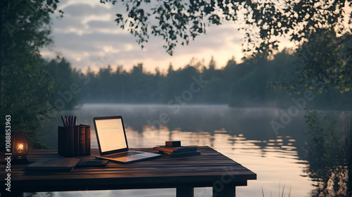 Lakeside desk setup with laptop and books on a dock calm water and trees creating a focused space