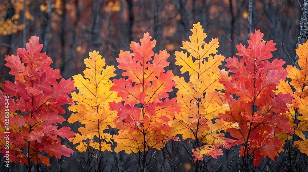 Autumn's Fiery Embrace: Red and Gold Oak Leaves Display Vibrant Fall Colors in Nature's Stunning Showpiece. Autumn's Fiery Embrace: Red and Gold Oak Leaves Display Vibrant Fall Colors in Nature's Stunning Showpiece.