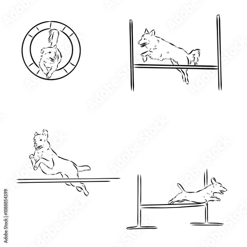 Scenes of dog training with cartoon characters of man and his pet learning various commands