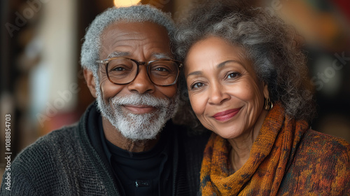 Smiling elderly couple enjoying time together in a cozy indoor setting during a winter afternoon. Generative AI