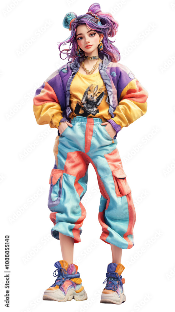Colorful fashion model with whimsical hairstyle and joyful expression. Colorful fashion model with whimsical hairstyle and joyful expression.