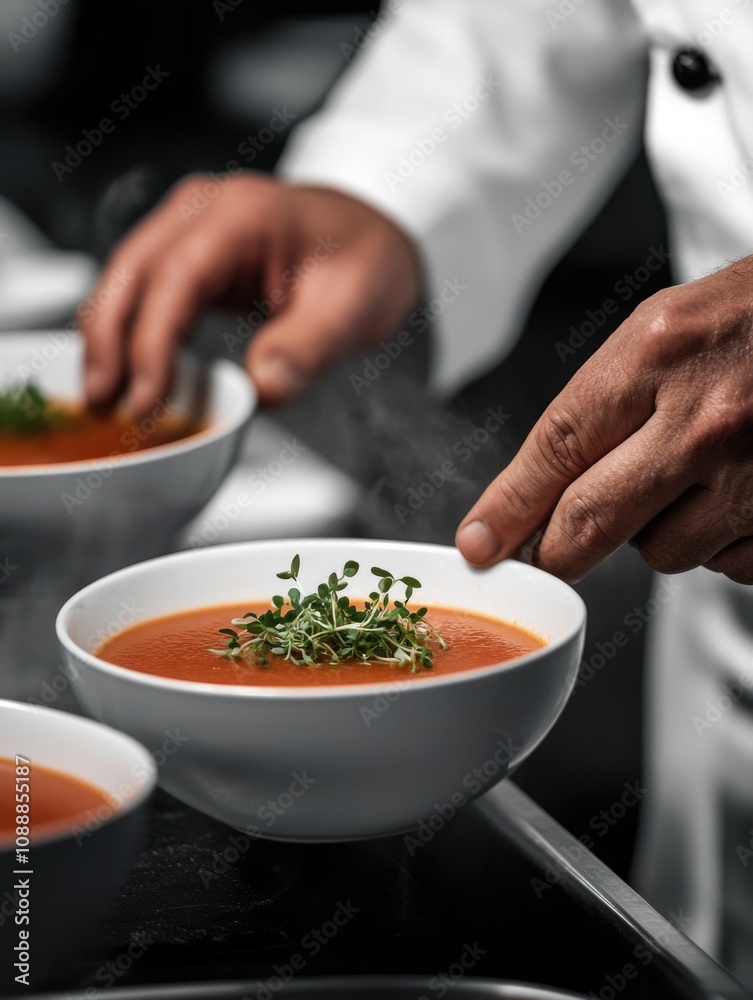 A culinary scene in the kitchen where a professional chef is adding herbs to a bowl of soup. A culinary scene in the kitchen where a professional chef is adding herbs to a bowl of soup.