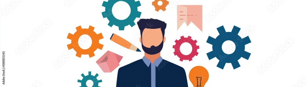 A graphic representation of a man surrounded by colorful gears and tools, symbolizing innovation, creativity, and problem-solving. A graphic representation of a man surrounded by colorful gears and tools, symbolizing innovation, creativity, and problem-solving.
