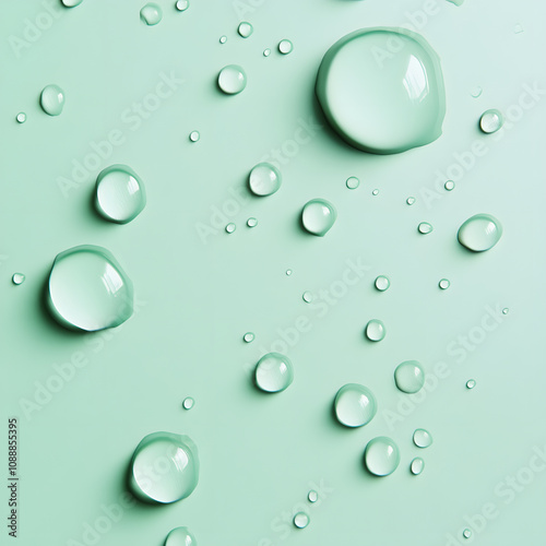 water drops on light green background, close up, flat lay, top view