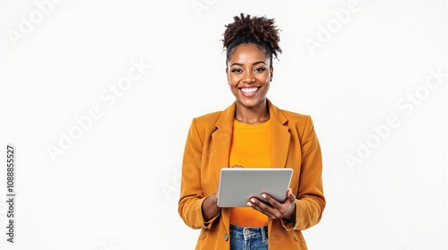 Happy young African American business woman holding digital tablet standing isolated in the middle on white background