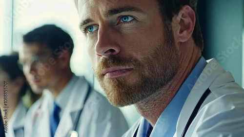 Doctors confer during a midday meeting at a modern medical facility