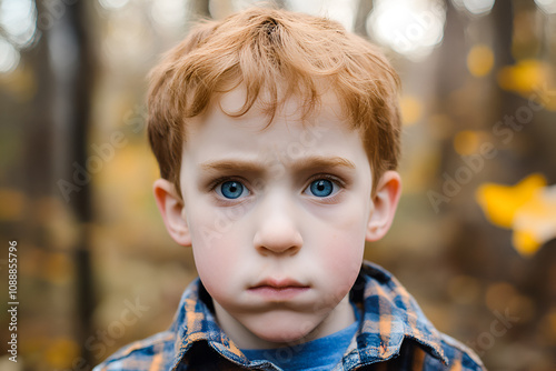 Portrait of a red-haired boy in the autumn forest photo