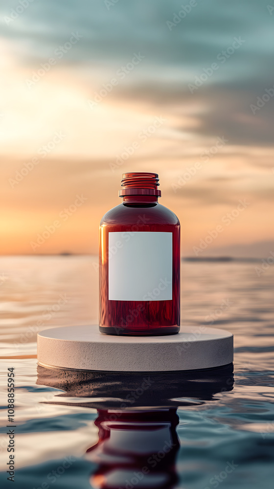 deep red glass bottle with a blank white label mockup, on a beige metal circular podium, on a calm water surface, sky background deep red glass bottle with a blank white label mockup, on a beige metal circular podium, on a calm water surface, sky background