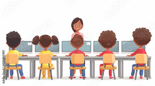 multiracial group of elementary students having computer class with their teacher in classroom with a white accent, simple style, png