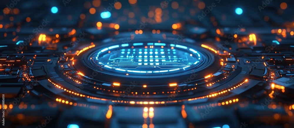 Obraz premium Futuristic digital interface with glowing elements and intricate patterns.